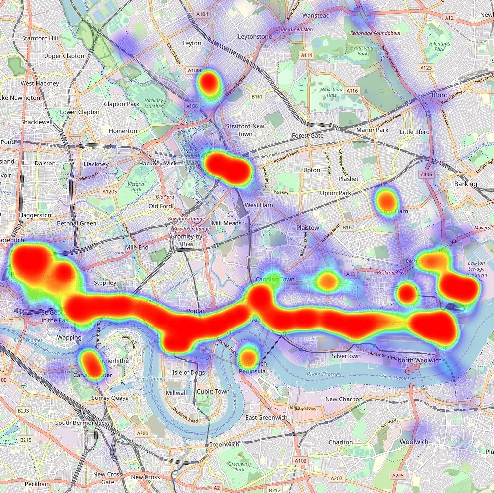 A heat map of my locations for the last 8 years or so … shows that I basically just live traveling between home and the office, with the occasional shopping at Stratford, Beckton and East Ham … the furthermost North point was my Friday hang out restaurant (Oceano)