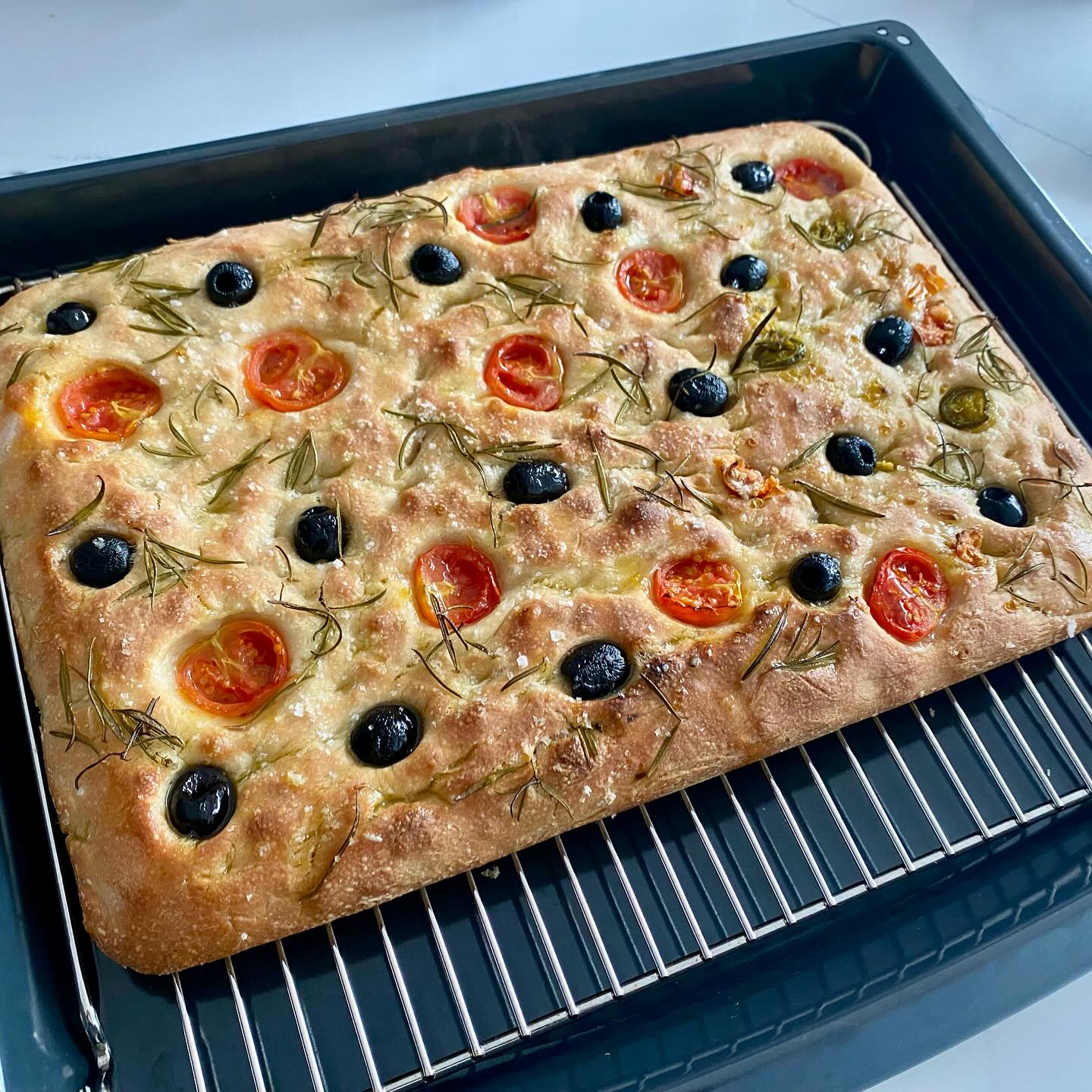 Today I tried to make focaccia bread for the first time, it’s an attempt as salvage some dough that failed to rise for pizzas … looks great !