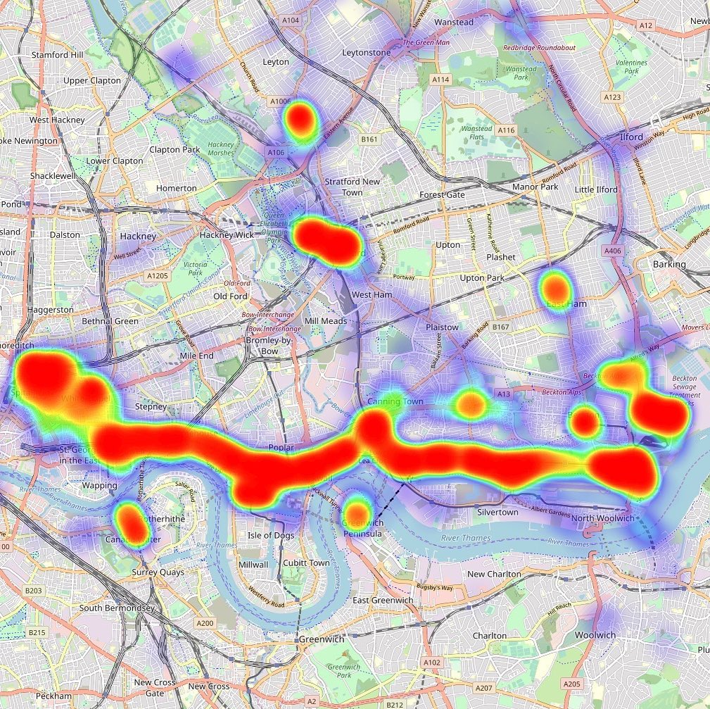 A heat map of my locations for the last 8 years or so ... shows that I basically just live traveling between home and the office, with the occasional shopping at Stratford, Beckton and East Ham ... the furthermost North point was my Friday hang out restaurant (Oceano)